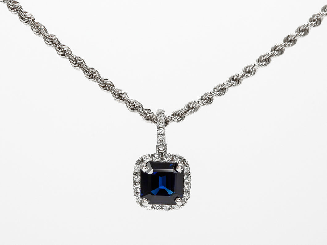 Brilliant Blue Square Sapphire and Diamond Halo Pendant – Seng Jewelers